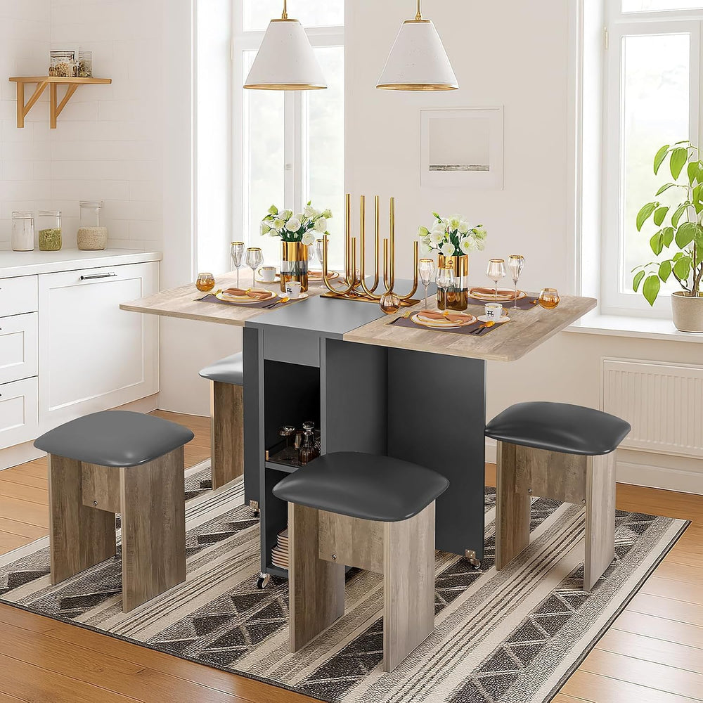 furlinkhm Folding Dining Table Set for 4, Dinner Table with 4 Leather Chairs ...