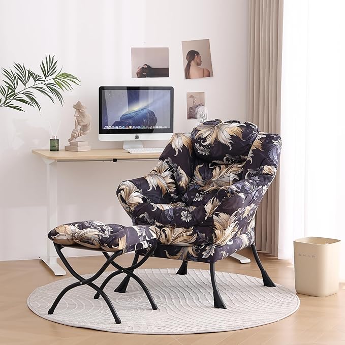 Tiita Lazy Chair with Ottoman, Modern Large Accent Lounge Chair, Leisure Sofa Armchair with Ottoman, Reading Chair with Footrest for Bedroom, Living Room, Dorm Rooms, Garden and Courtyard