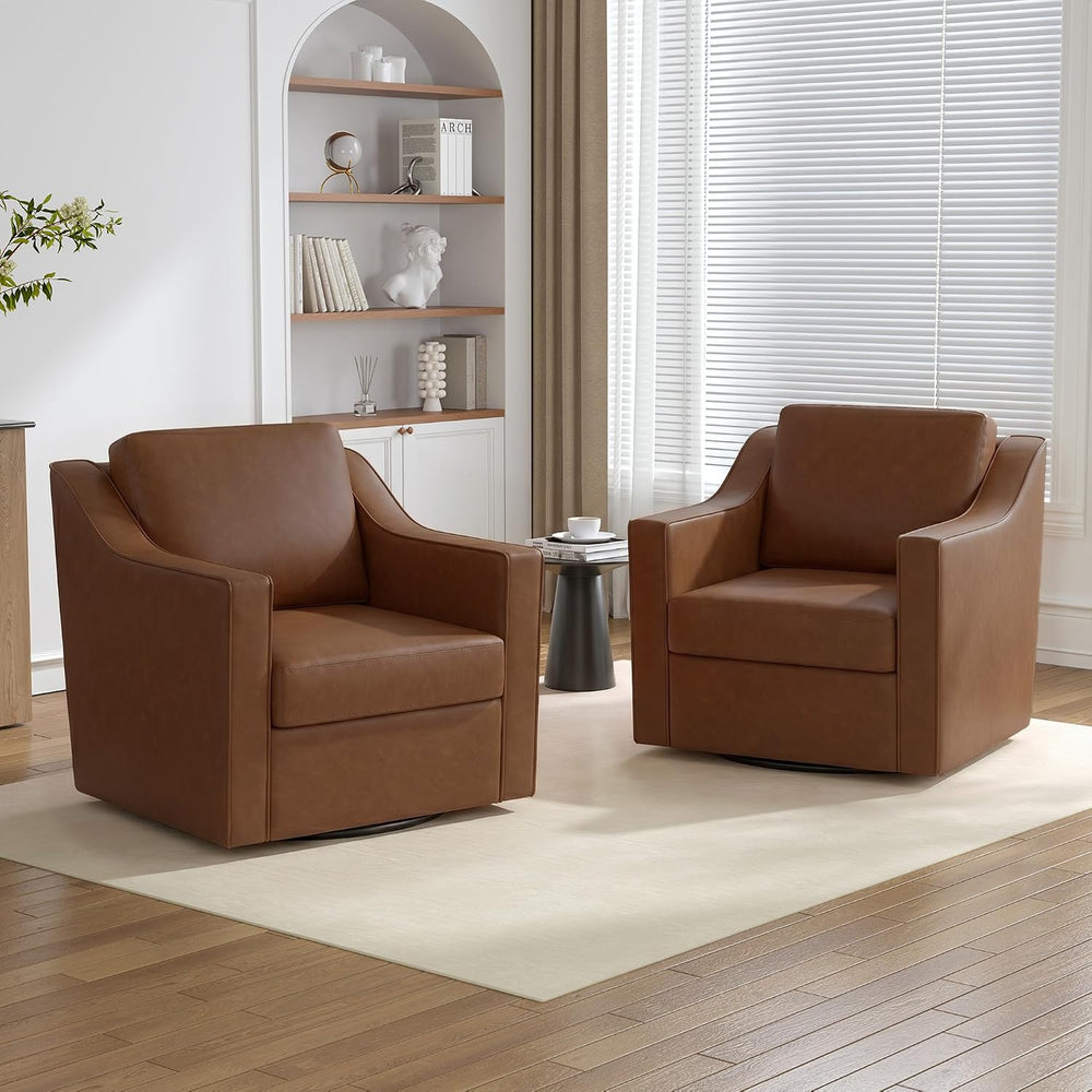 Faux Leather Swivel Accent Barrel Chairs Set of 2, Coffee