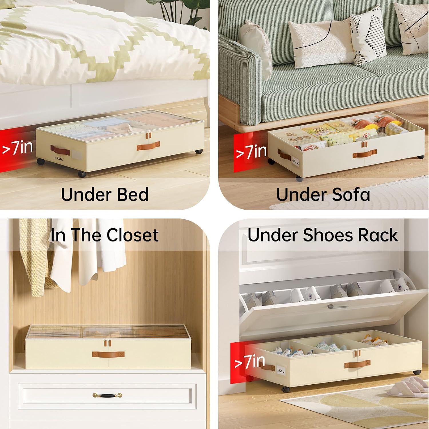 Yecaye Under Bed Storage with Wheels, 4 Pack Under Bed Storage Containers with Adjustable Dividers & Clear Window, Rolling Underbed Organizer Bins Drawers for Clothes, Shoes, Blankets, Beige
