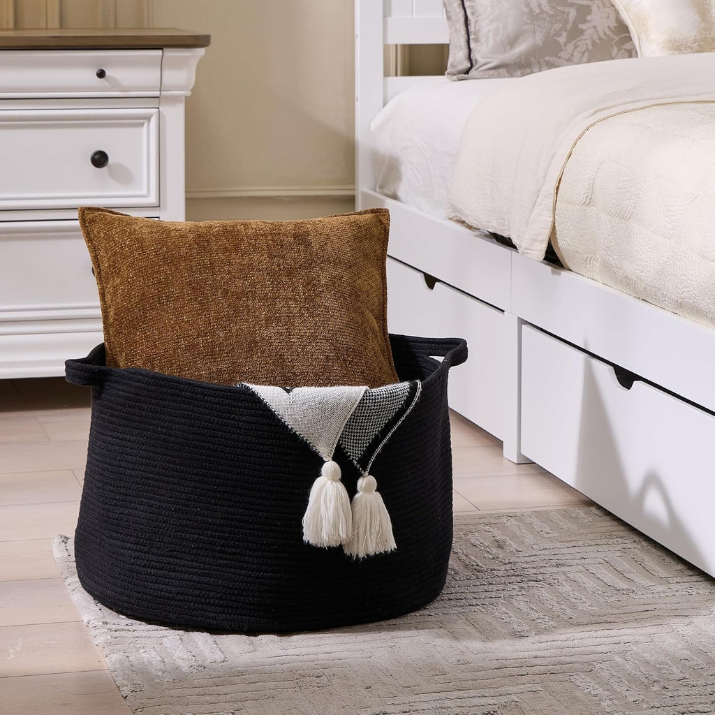 Extra Large Nursery Storage Basket, 22 x 22 x 14 inches - 100% Cotton Rope Baskets with Handles, Blanket Basket for Toys, Blankets & Pillows - Inner Black