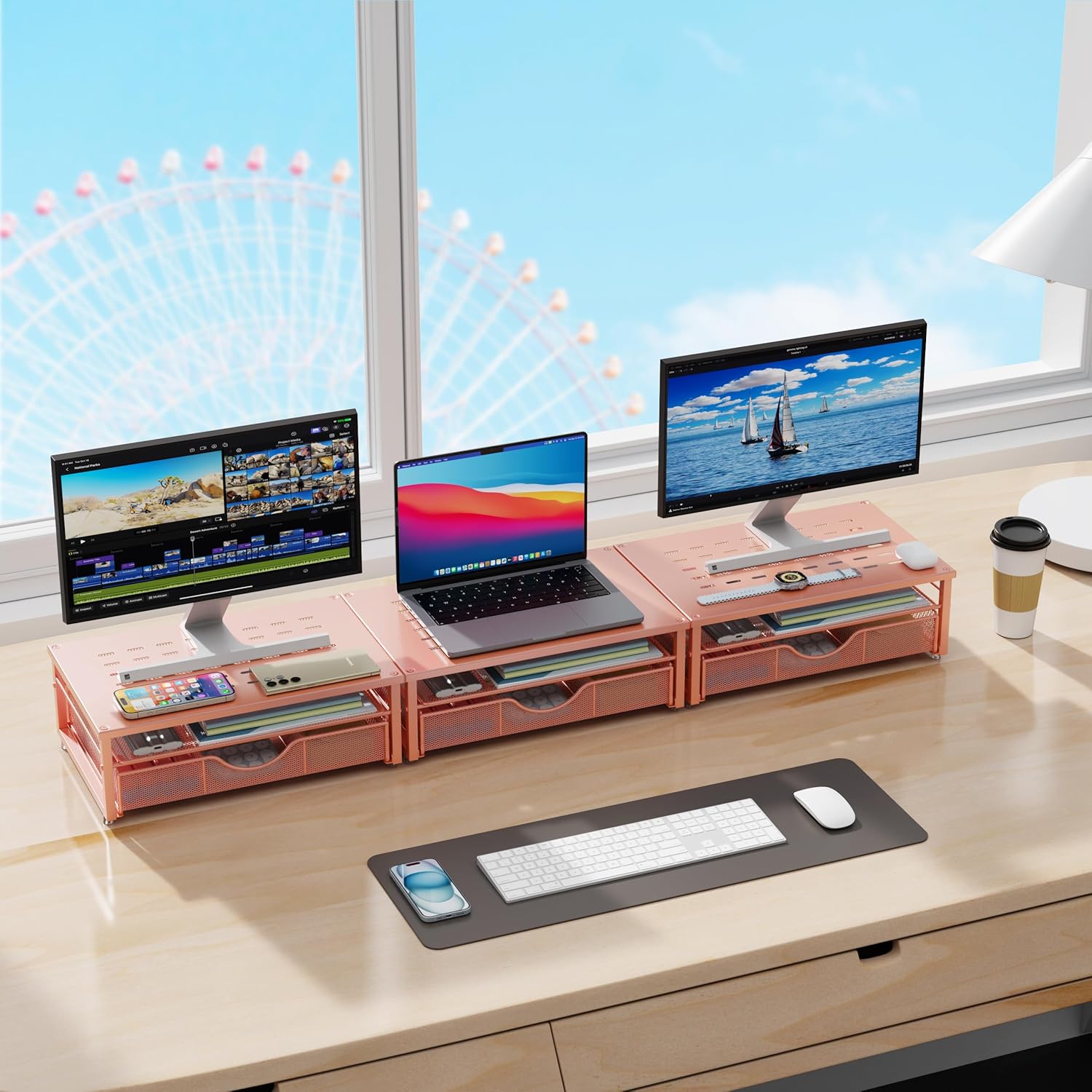 gianotter Computer Monitor Stand Riser, office organizer with Drawer, Office Organizers Storage for Classroom Office Supplies (Rose)