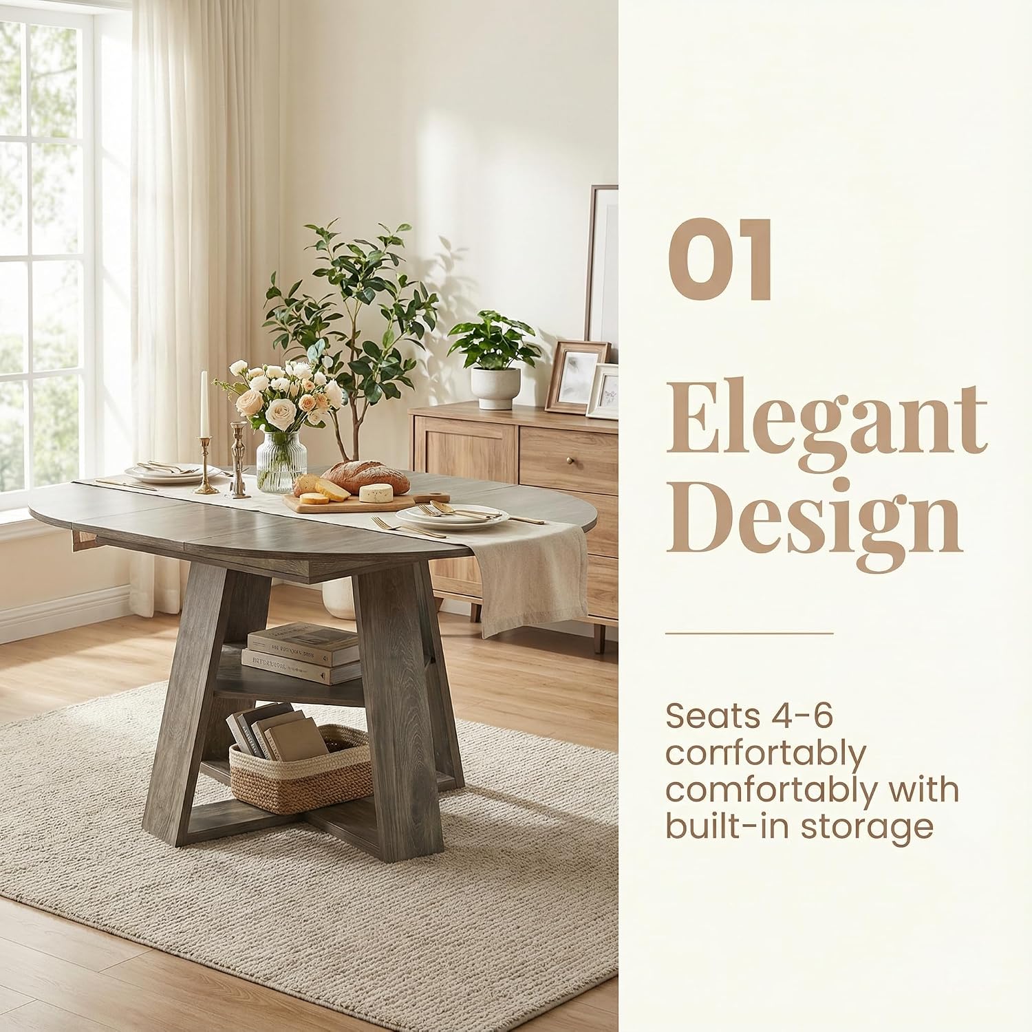 5 Piece Round Extendable Dining Table Set for 4, 43"-59" Grey Wood Oval Expanding Kitchen Table with 4 Velvet Tufted Chairs, Space Saving Extendable Dining Room Tables with Storage Shelf