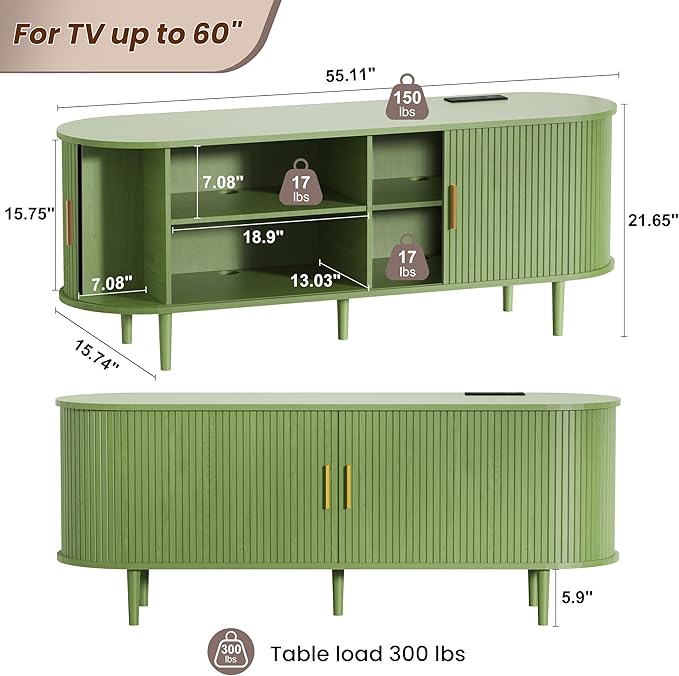 DHH 55 Inch Mid Century Modern TV Stand with Power Outlet for TVs up to 60 Inch, Entertainment Center with Storage and Adjustable Shelves, Media Console with Sliding Doors for Living Room(Green)
