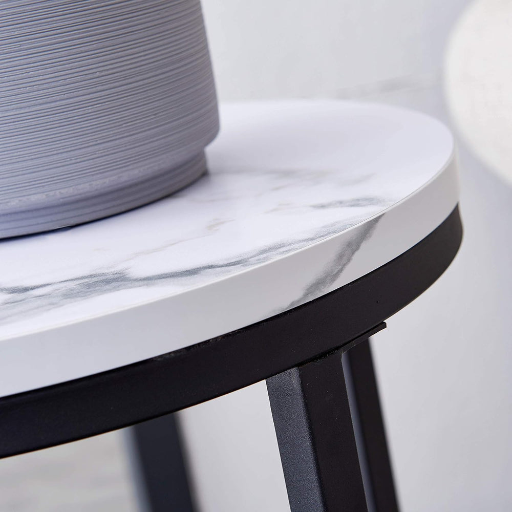 Modern Side Table with Faux Marble MDF Top, Black Metal X-Base, Compact End T...
