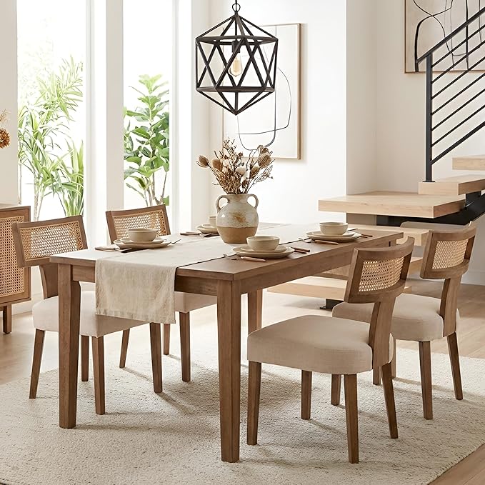 HNY Mid Century Modern Rattan Dining Chairs Set of 4, Farmhouse Linen Upholstered Accent Chair Curved Backrest Kitchen Chairs, with Hardwood Frame, Beige