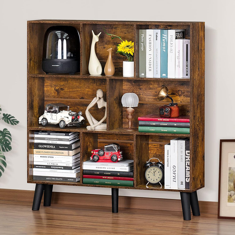 LEYAOYAO 8 Cube Bookshelf,3 Tier Bookcase with Legs,Rustic Brown Mid-Century ...