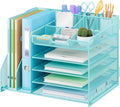 Lavatino 5-Tier Desk Organizer with 2 File Holders, Metal Adjustable Paper Letter Tray for Office or Home Desk Organizers and Accessories | 7 Flexible Dividers Keep Workspace Supplies Neat, Blue