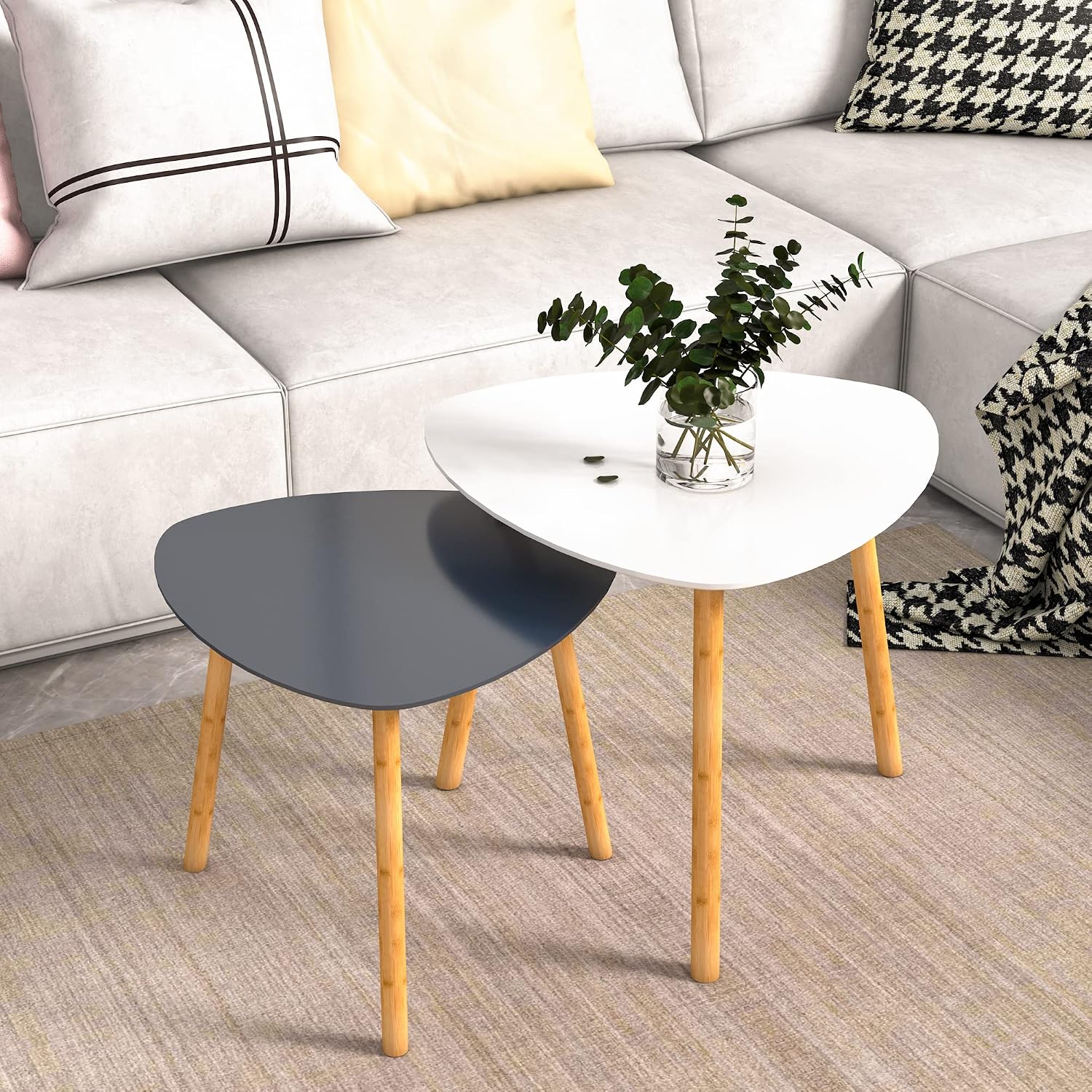Bamboo Nesting Coffee Tables - Small Coffee Table for Living Room, Set of 2 Triangle End Table Modern Side Table for Bedroom Apartment Balcony Yard Small Spaces, (White & Gray)