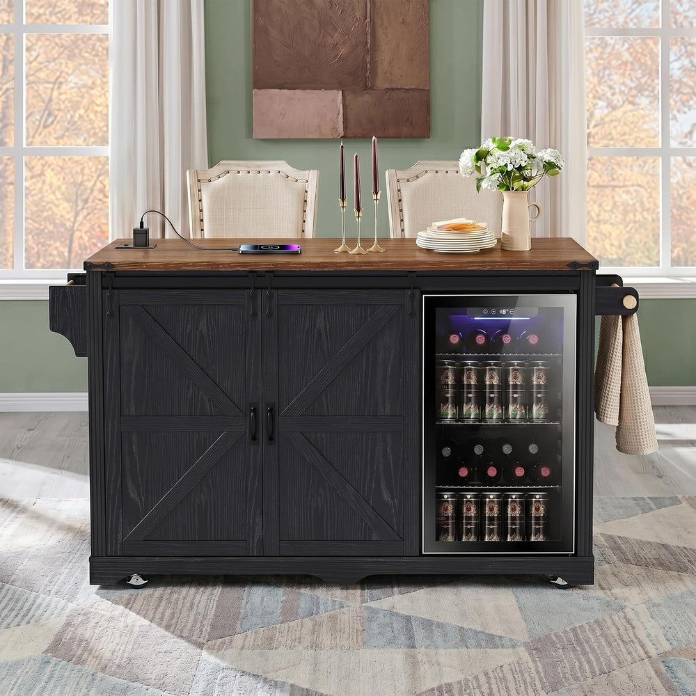 72" Farmhouse Kitchen Island with Sliding Barn Doors, Black | Fridge Spa...