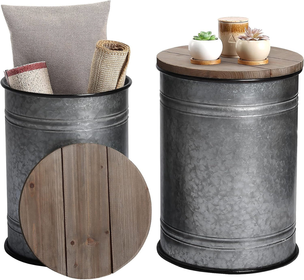 RUSTOWN Farmhouse Accent Side Table, Set of 2 Galvanized Storage Ottoman