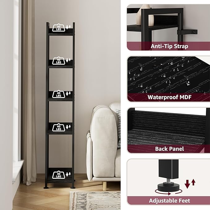 Narrow Ladder Shelf for Small Spaces - 5 Tier Thin Bookshelf Skinny Book Shelves Slim Bookshelves 60 inch Tall, Black (02B)