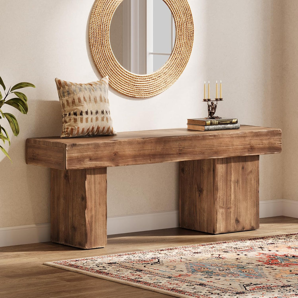 Solid Wood Bench, 47” Farmhouse Entryway Bench with Thickened Seat & Arti...