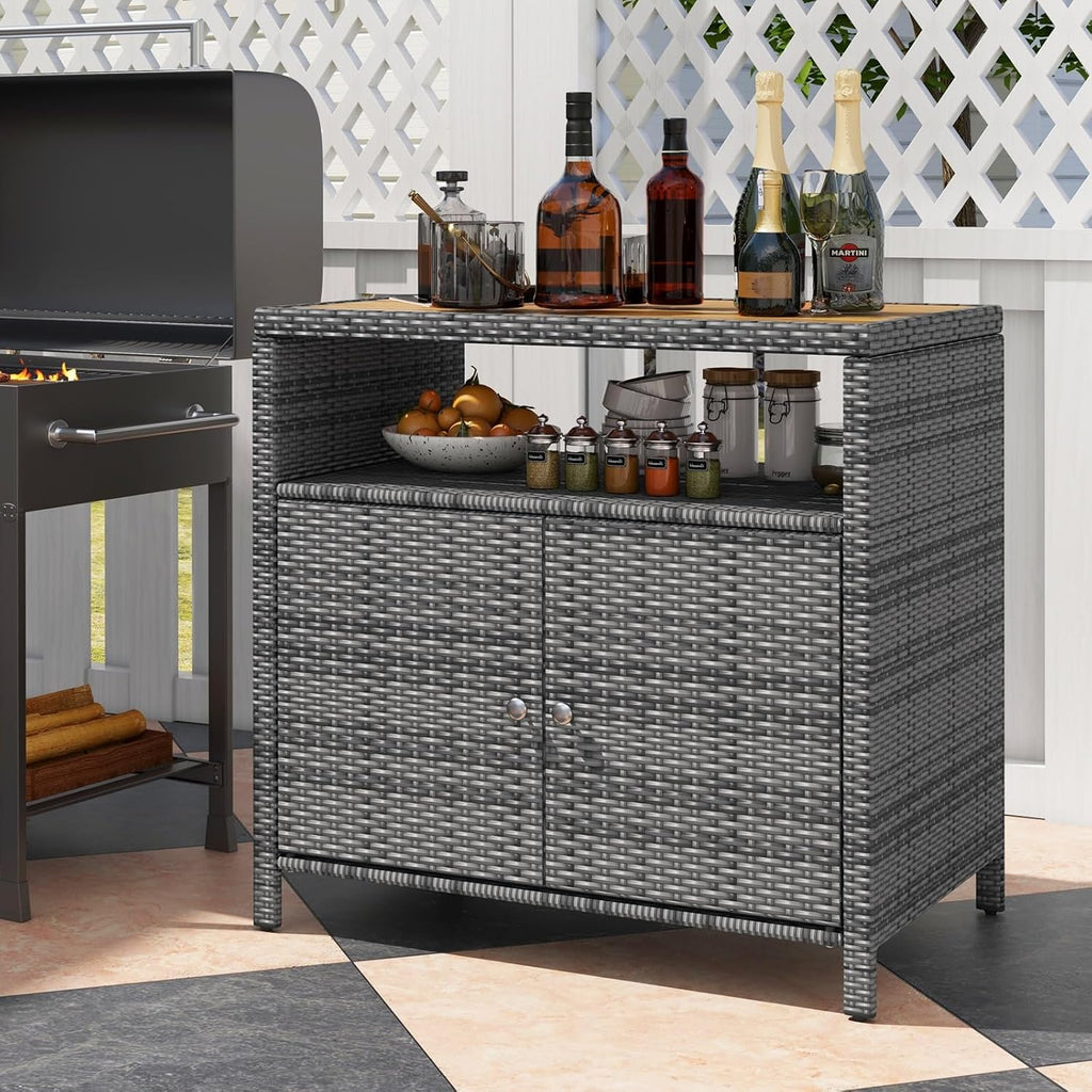RELAX4LIFE Wicker Outdoor Bar Cabinet - PE Rattan Patio Bar Table w/Acacia Wood Countertop, Open Shelf & 2 Doors, Buffet Sideboard Organizer for Garden Backyard Pool, Outside Storage Cabinet (Grey)