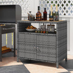 RELAX4LIFE Wicker Outdoor Bar Cabinet - PE Rattan Patio Bar Table w/Acacia Wood Countertop, Open Shelf & 2 Doors, Buffet Sideboard Organizer for Garden Backyard Pool, Outside Storage Cabinet (Grey)