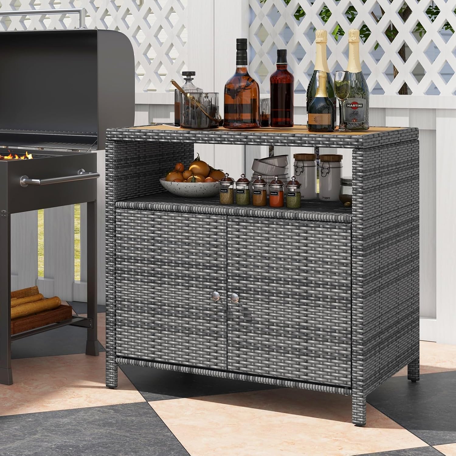 RELAX4LIFE Wicker Outdoor Bar Cabinet - PE Rattan Patio Bar Table w/Acacia Wood Countertop, Open Shelf & 2 Doors, Buffet Sideboard Organizer for Garden Backyard Pool, Outside Storage Cabinet (Grey)