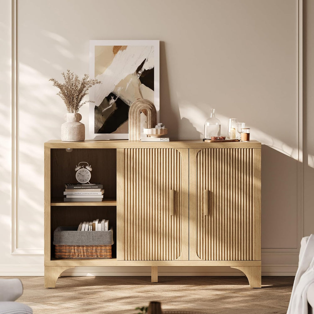 Mid Century Modern Fluted Buffet Cabinet with Storage, Accent Sideboard and C...