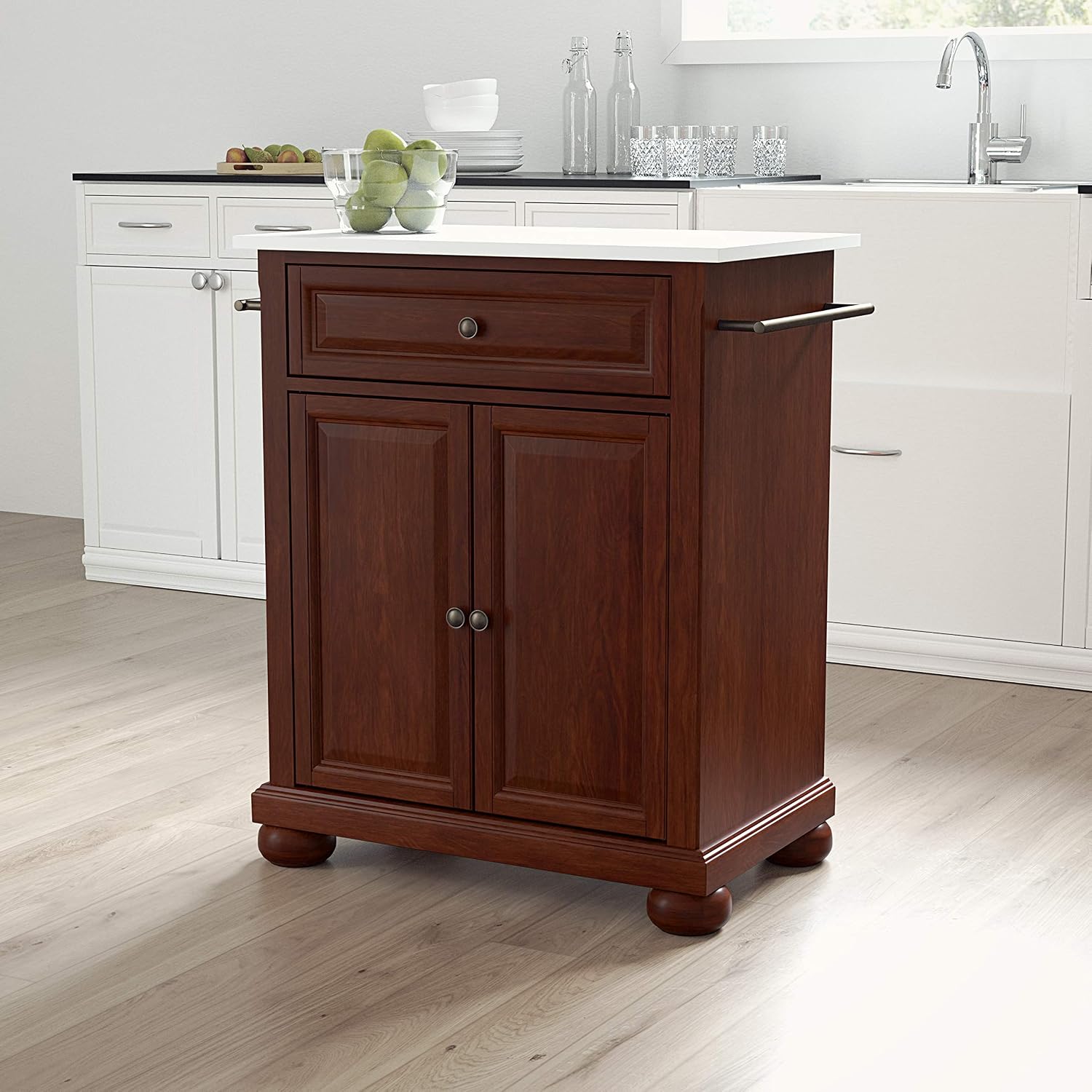 Crosley Furniture Alexandria Stone Top Small Portable Rolling Kitchen Island Storage Cart, Microwave Stand, Mahogany