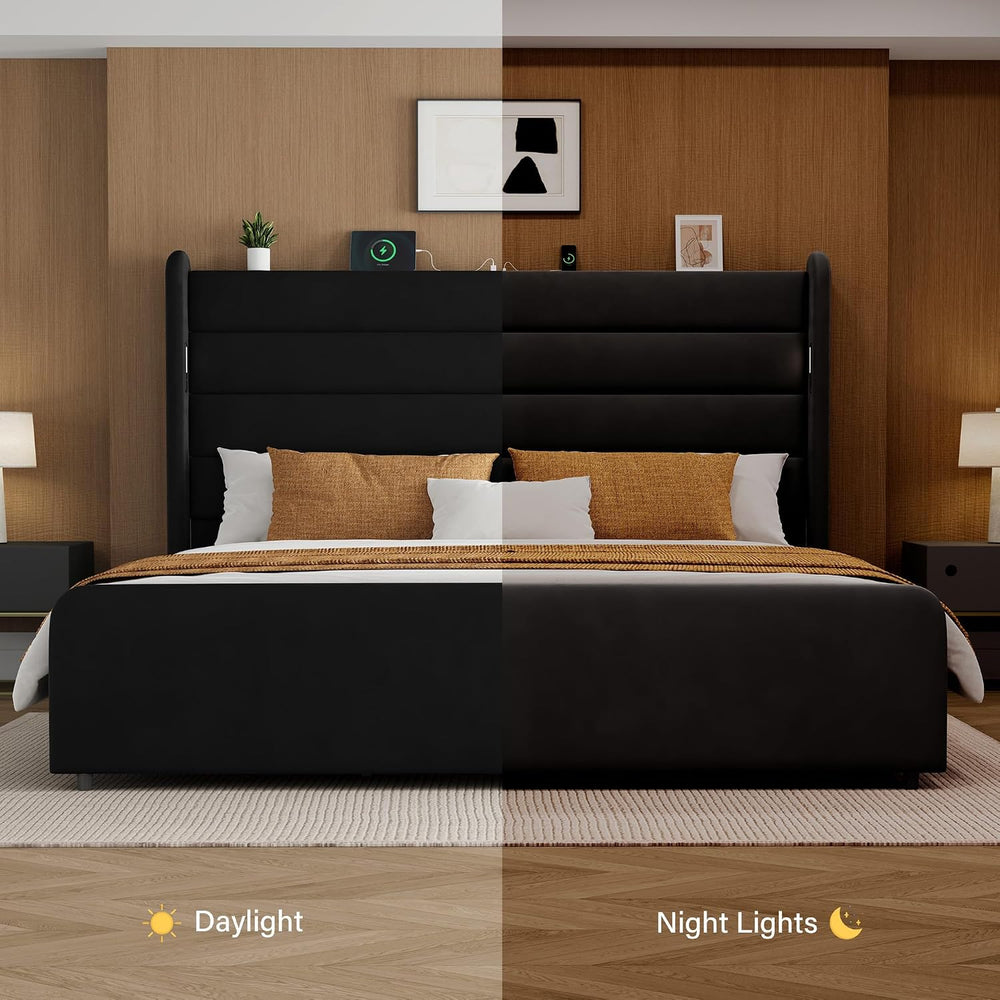 King Size Bed Frame with 59'' Tall Headboard with Readlight, Black