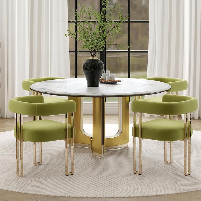 Green and Gold Modern Dining Chairs Set of 4, Velvet Upholstered Barrel Armch...