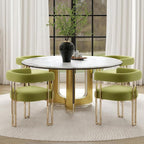 Green and Gold Modern Dining Chairs Set of 4, Velvet Upholstered Barrel Armchairs with Metal Legs for Kitchen Island, Mid Century Accent Chairs for Dining Room Living Room, Open-Back