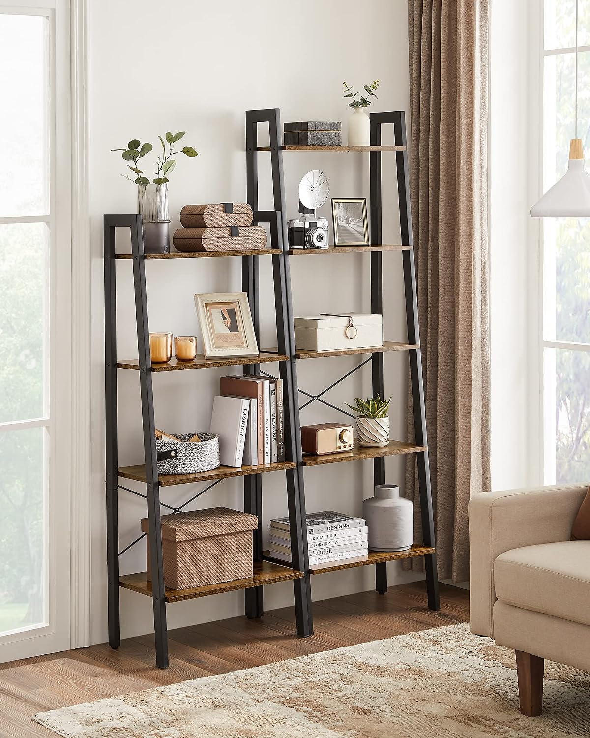 VASAGLE BARNET Collection - Ladder Shelf, Bookshelf, Storage Rack, Modern Bookcase for Living Room Home Office Kitchen, Steel Frame, 4-Tier, 22-Inch Wide, Rustic Brown and Ink Black ULLS44X
