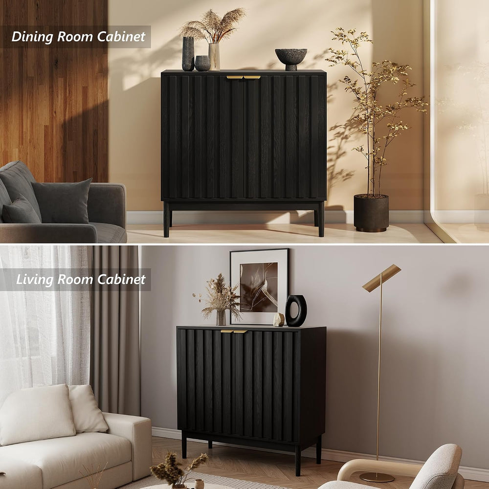 Fluted Cabinet with Storage, Buffet Cabinet Sideboard with 2 Doors, Black Buf...