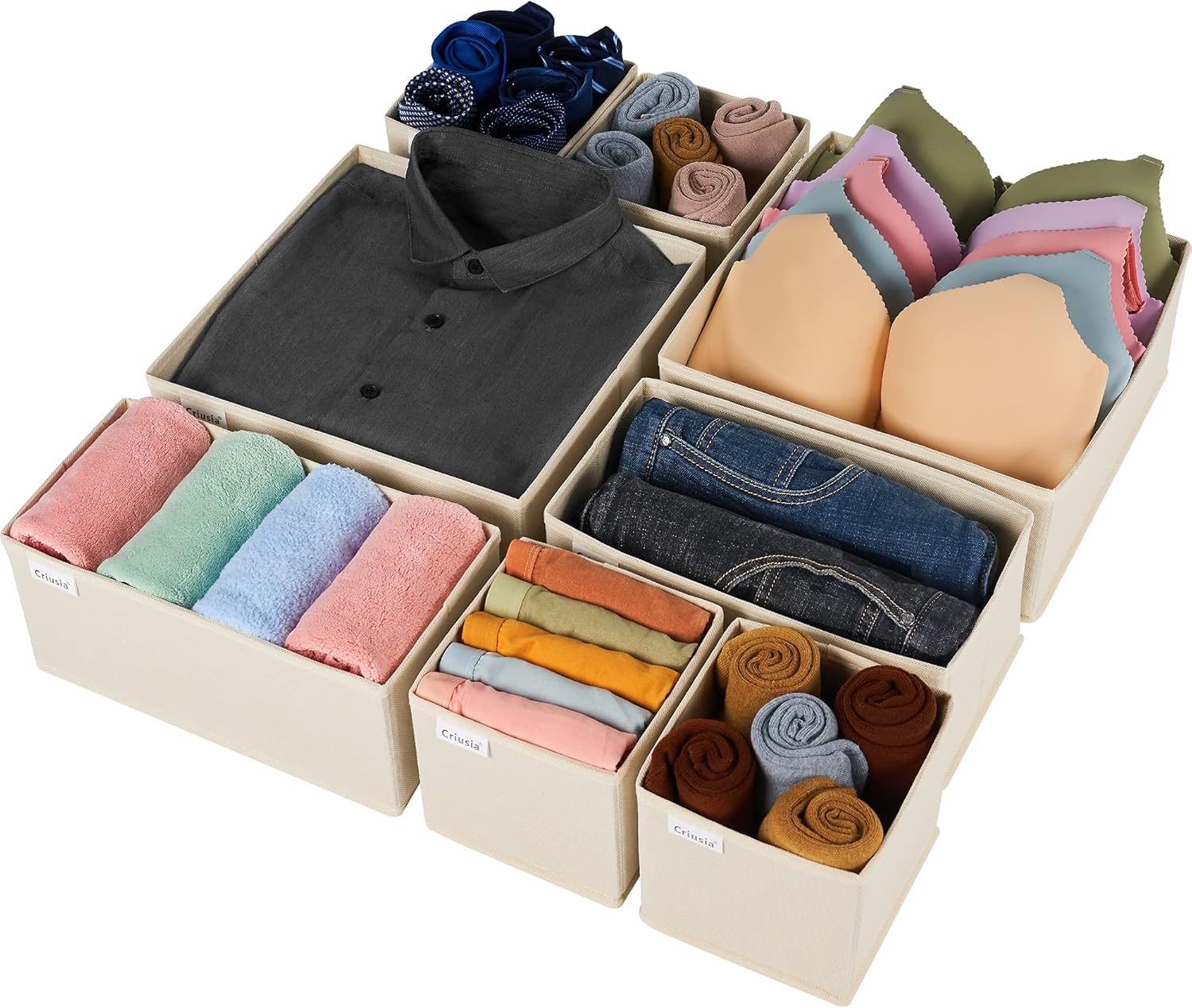 Criusia Drawer Organizer Clothes, 8 Pack Underwear Drawer Organizer, Foldable Cloth Storage Box Closet Organizers and Storage for Clothes, Socks, Scarves, Ties (Beige)