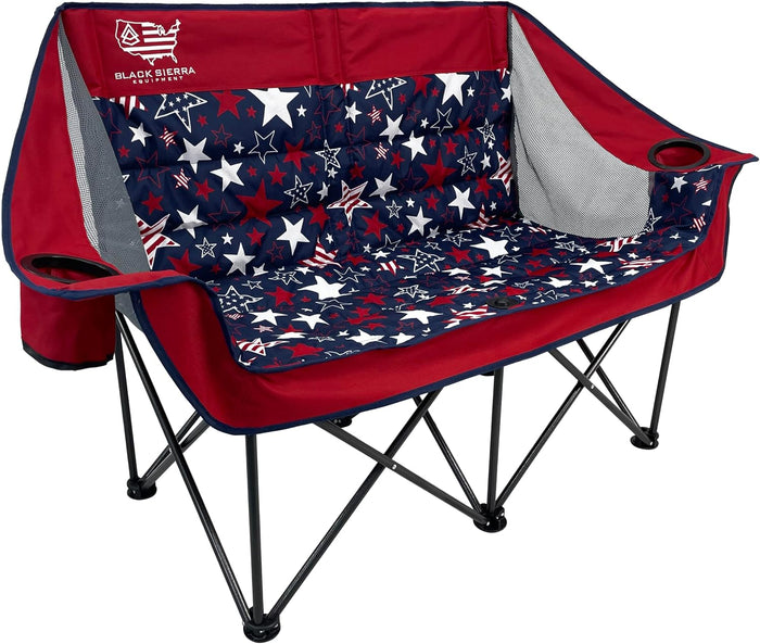 Black Sierra Double Camping Chair Loveseat, Oversized Padded, 600 lb