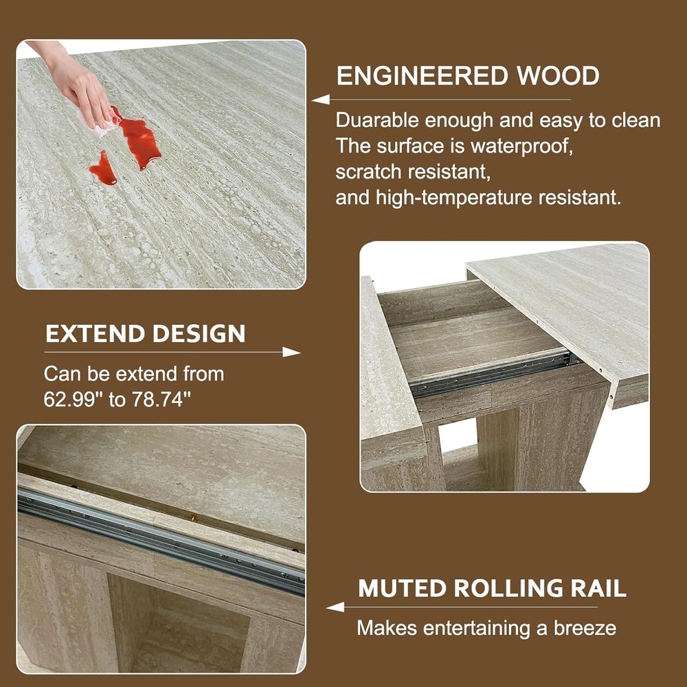 Extendable Dining Room Table for 6 8 10, 78.74" Modern Faux Travertine W...
