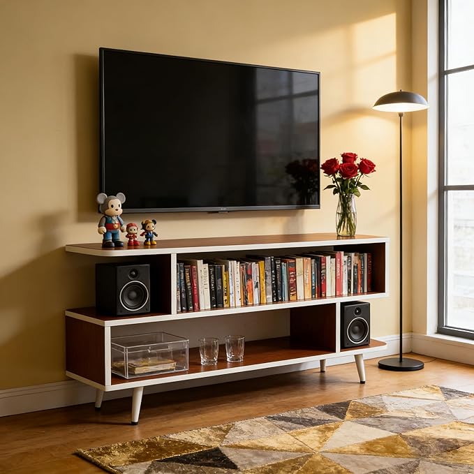 Lightdot TV Stand for TVs up to 45'', Modern Entertainment Center with 3 Storage Open Large Capacity for Collection, Media Console Table for Living Room/Entrance/Sofa Cabinet,Easy Assembly-Red Walnut