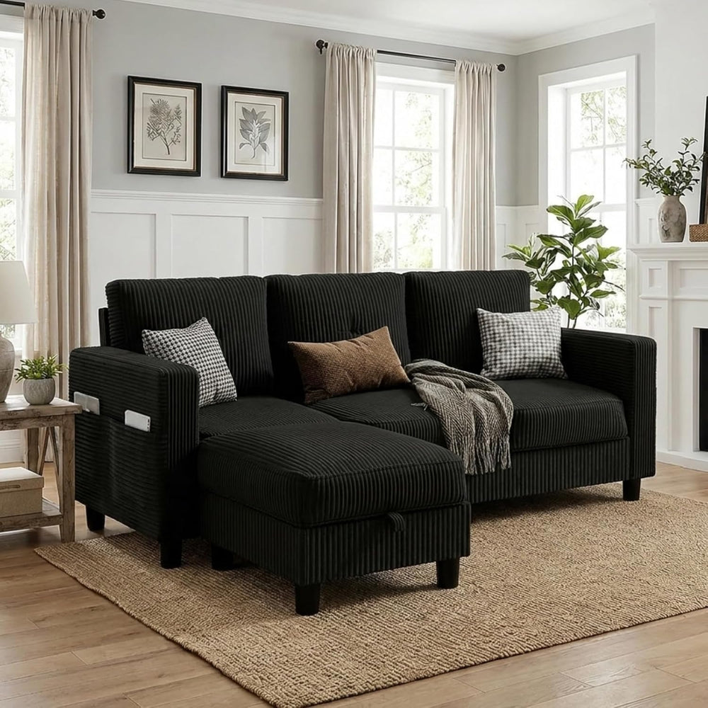 JAMFLY 77" L-Shaped Corduroy Sectional Sofa with Storage Ottoman, Black ...