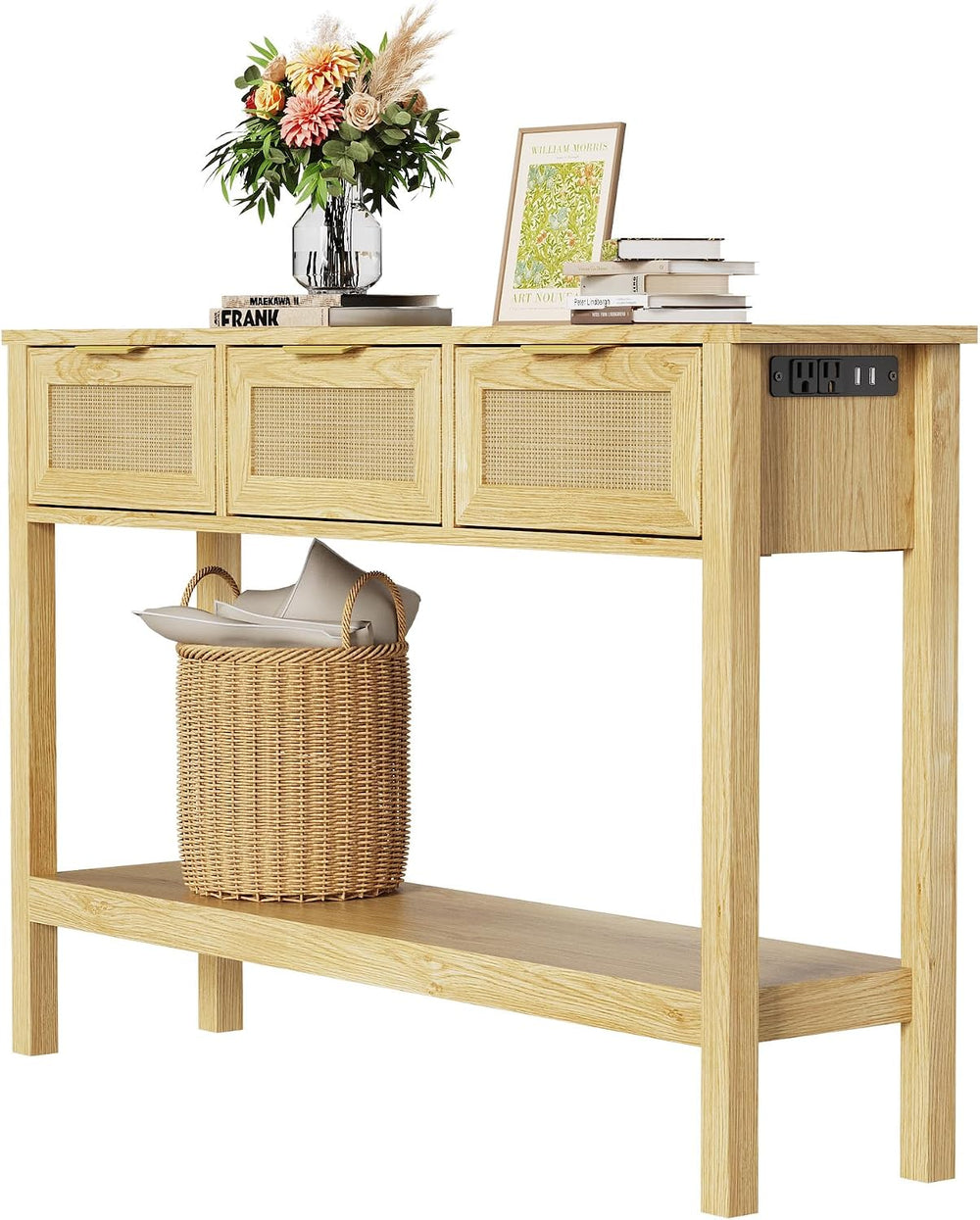 Entryway Table, Rattan Console Table with 3 Storage Drawers and Storage Shelf...