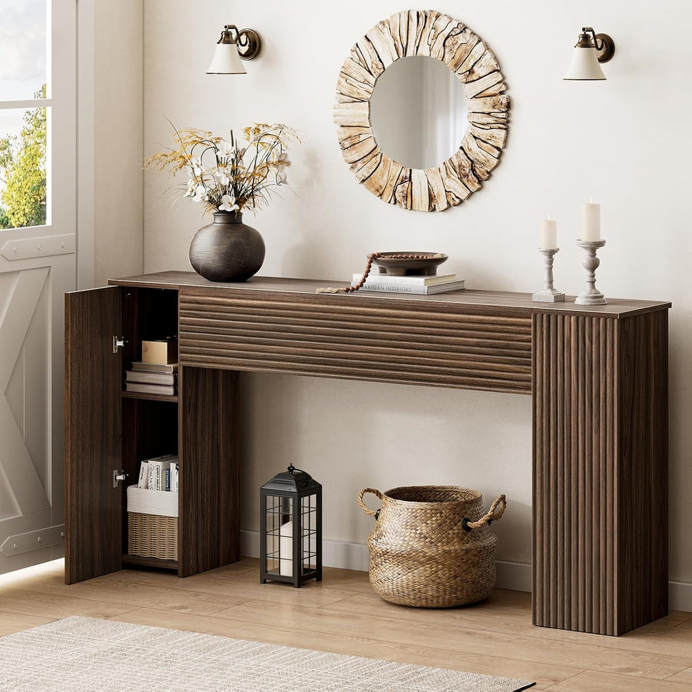 FABATO 61” Fluted Long Console Table with 2 Hidden Storage Cabinets, Walnut |...