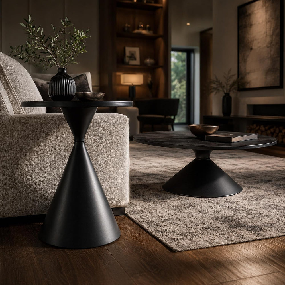Coffee Table Set, 2-Piece Round Side Tables with Black Patterned Top & St...