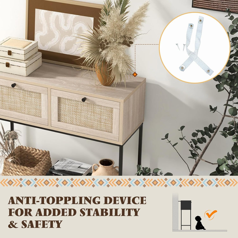 POWERSTONE 31.5" Nightstand with Rattan Drawers & Shelf, Modern Bunk...