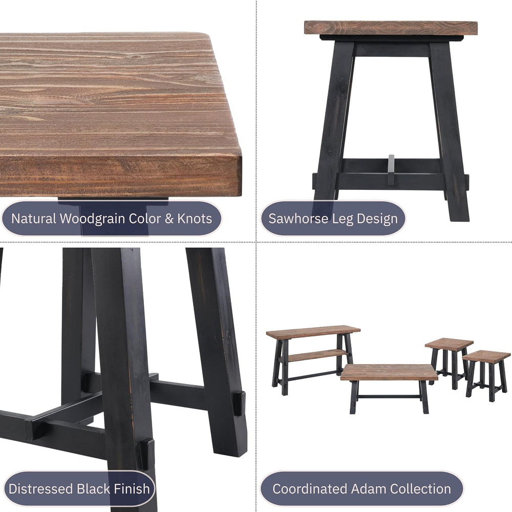 Adam Rustic Industrial Side Table – 21” Solid Wood Square End Table with Natu...