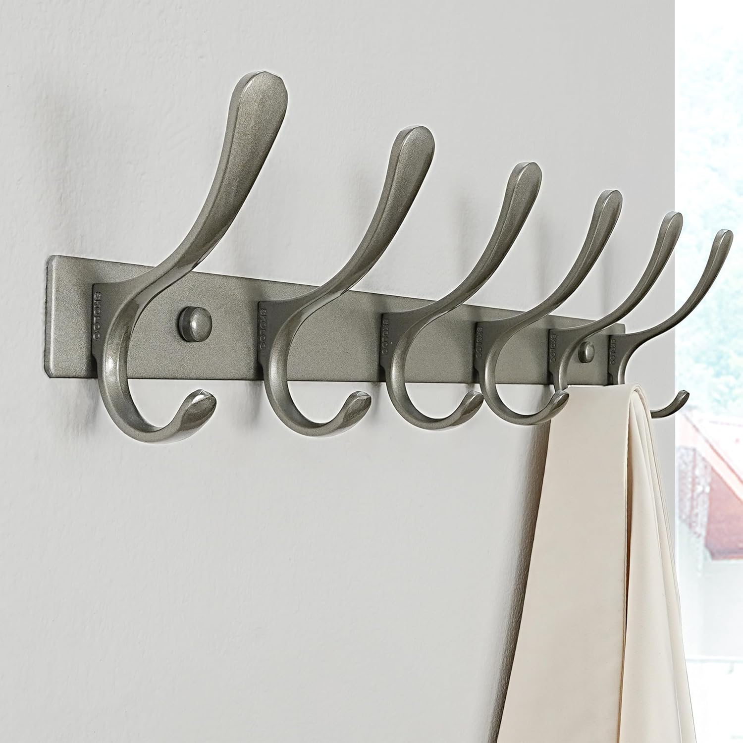 SKOLOO Coat Rack Wall Mounted - 6 Hooks, Pack of 2, Heavy Duty, Stainless Steel, Metal Wall Hanger, Sturdy Coat Hooks for Hanging Coats, Jacket, Clothes, Hat, Matte Grey