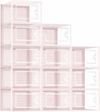 Kuject Shoe Organizers Storage Boxes for Closet, 12 Pack Clear Plastic Stackable Storage Bins with Lids, Under Bed Shoe Containers for Entryway, Drop Front, Fit up to Women's Size 10,Pink