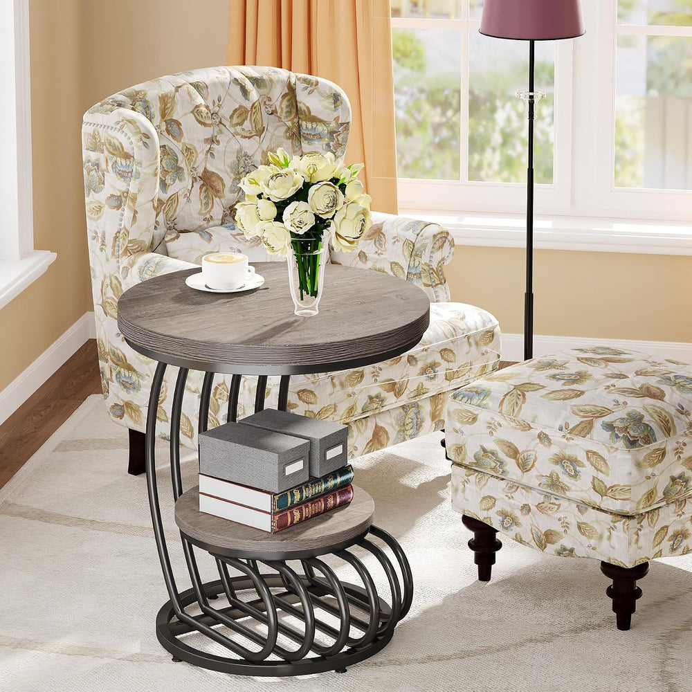 Tribesigns Round End Table: 2 Tiers Wood Side Table Set of 2 with Storage She...