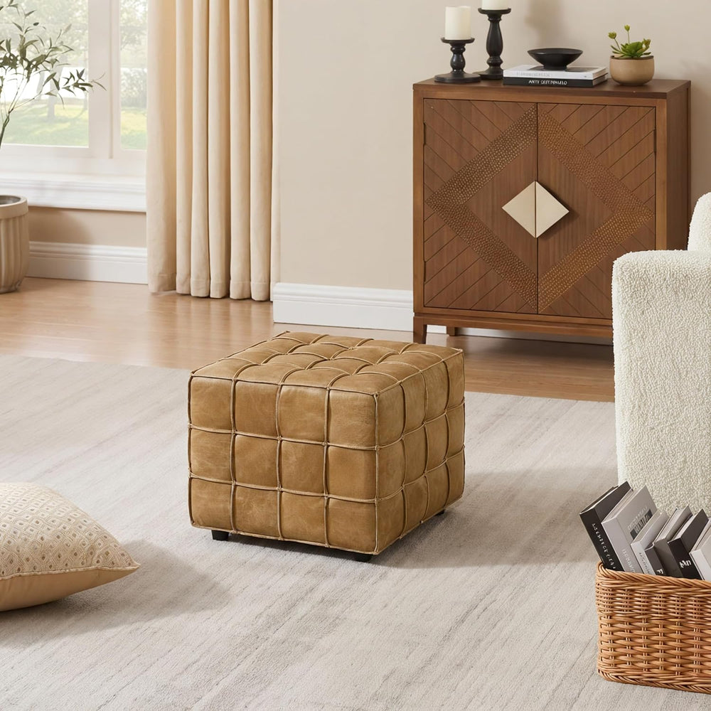 Art Leon Tufted Square Ottoman Leather Footstool Foot Rest Light Brown | Bisc...