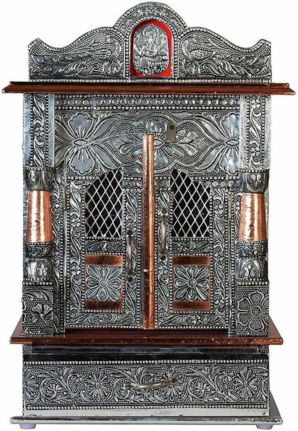 Oxidized Metal Pooja Mandir with Doors and Drawer, Silver, Ganesha Embossed, ...