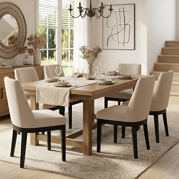 Modern Dining Chairs Set of 6 with Comfortable Back Support, Farmhouse Soft Linen Upholstered Kitchen Dining Room Chairs with Black Solid Wood Legs, Armless Accent Side Chairs for Living Room, Beige