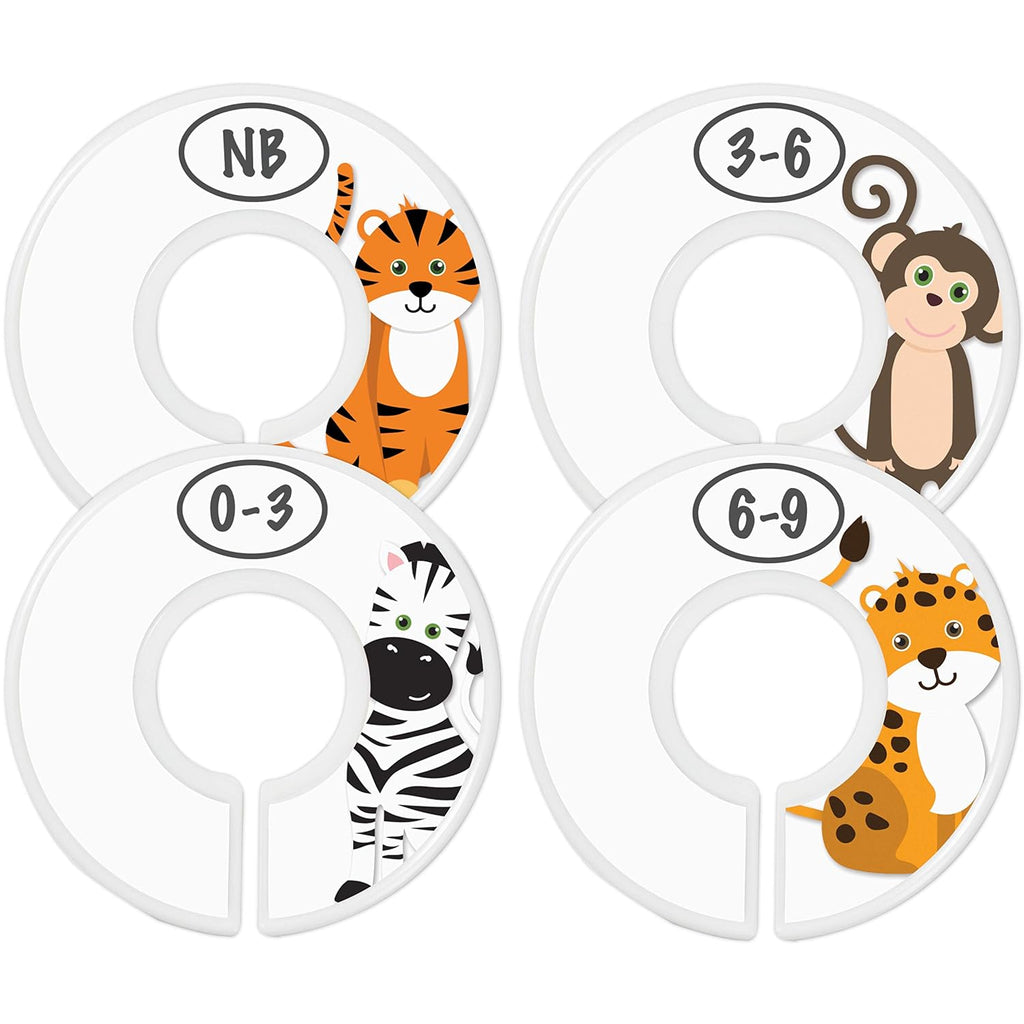 Baby Closet Size Dividers for Baby Clothes - 7X Dividers, Safari [White] | Elephant Giraffe Zebra Lion Monkey Cheetah, Nursery Closet Dividers for Baby Clothes, Nursery Decor, For Boy or Girl