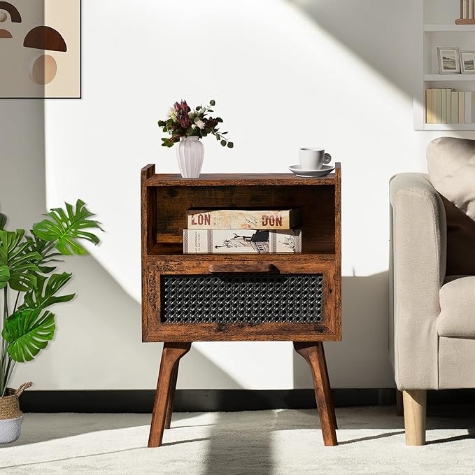 Lerliuo Rattan Nightstands Set of 2, Boho Side Table with Drawer Open Shelf, ...