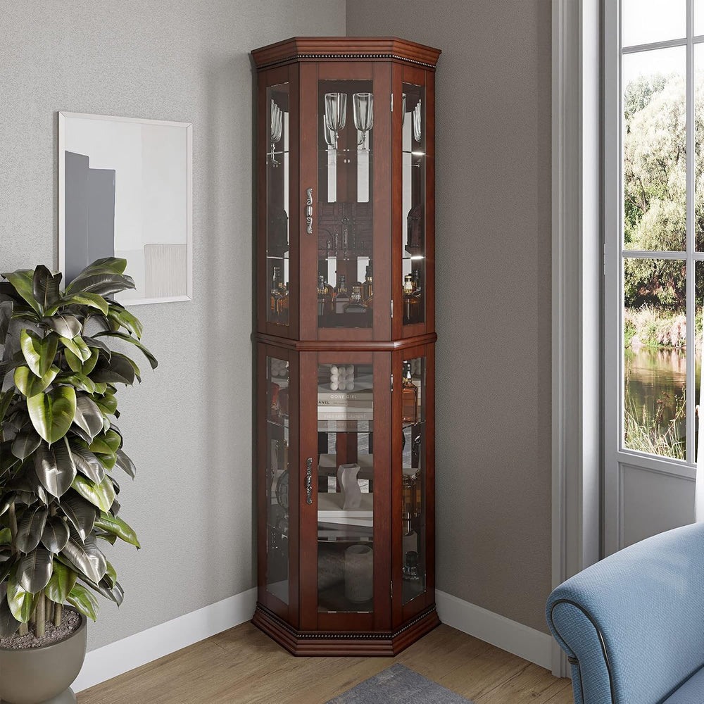 BELLEZE Lighted Wooden Corner Display Curio Cabinet, Two Section Shelving Uni...