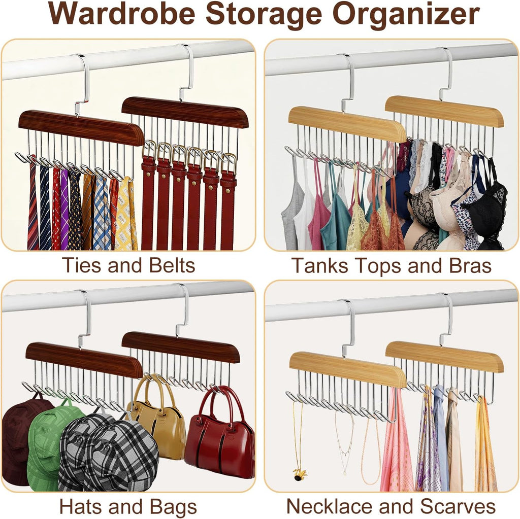 4 Pack Belt Hanger for Closet, Wooden Tie Rack Hangers for Men with 8 Hooks, Space Saving Belt Organizer, Closet Storage for Ties, Belts, Bras, Scarves, Tank Tops