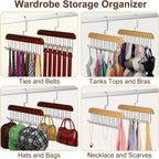 4 Pack Belt Hanger for Closet, Wooden Tie Rack Hangers for Men with 8 Hooks, Space Saving Belt Organizer, Closet Storage for Ties, Belts, Bras, Scarves, Tank Tops