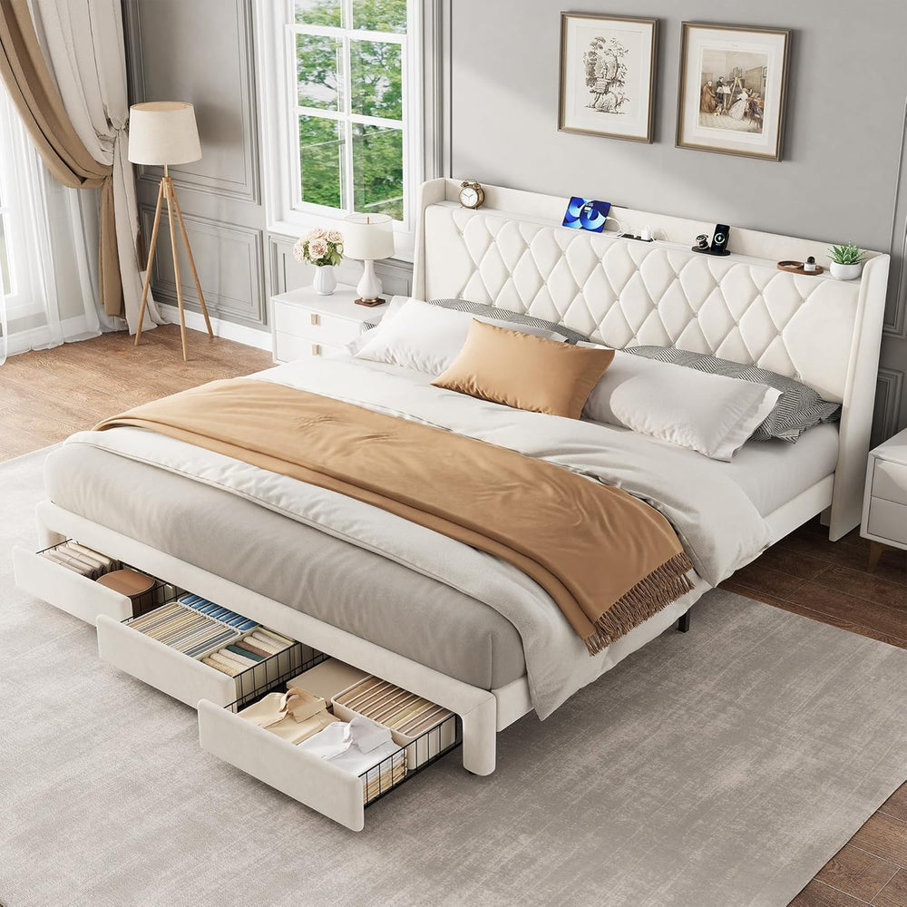 Garvee King Size Bed Frame with Storage, Velvet Upholstered Platform Bed Fram...