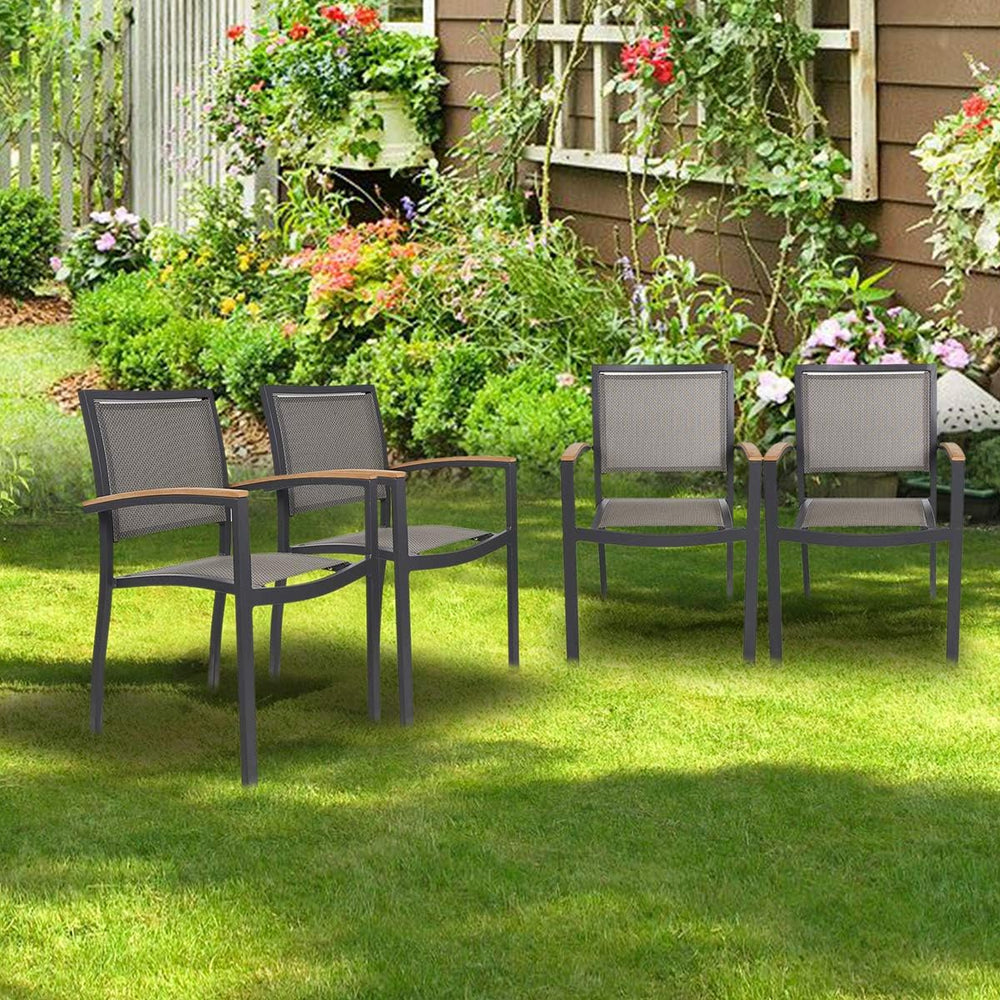 4 Pack Stackable Indoor/Outdoor Patio Dining Chairs with Teak Armrest,Textile...
